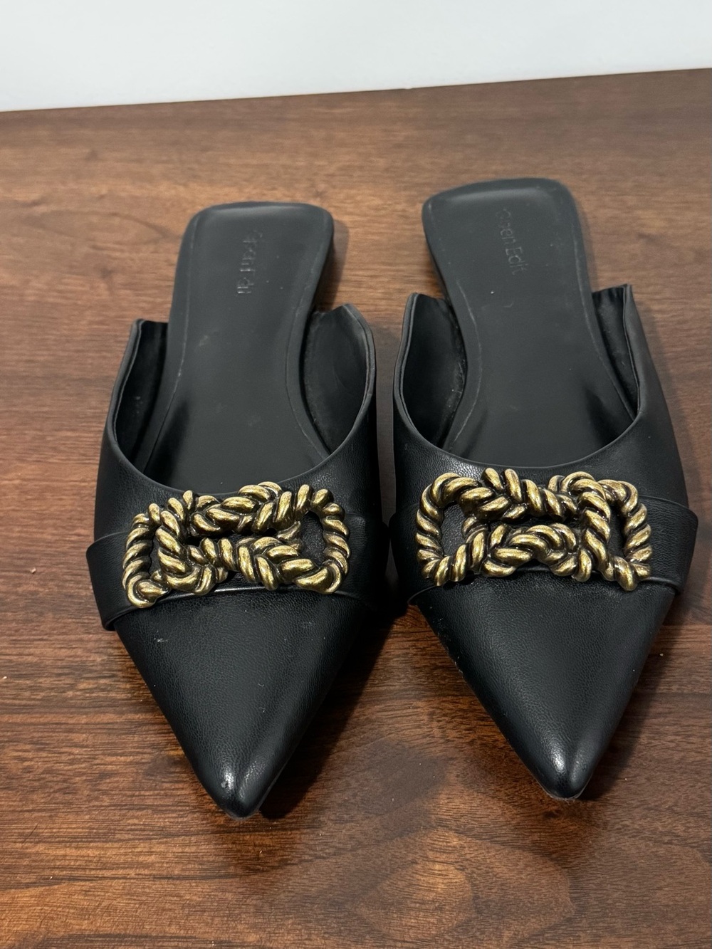 Pointed Black Leather Slide Mules with Gold Rope Knot Accent